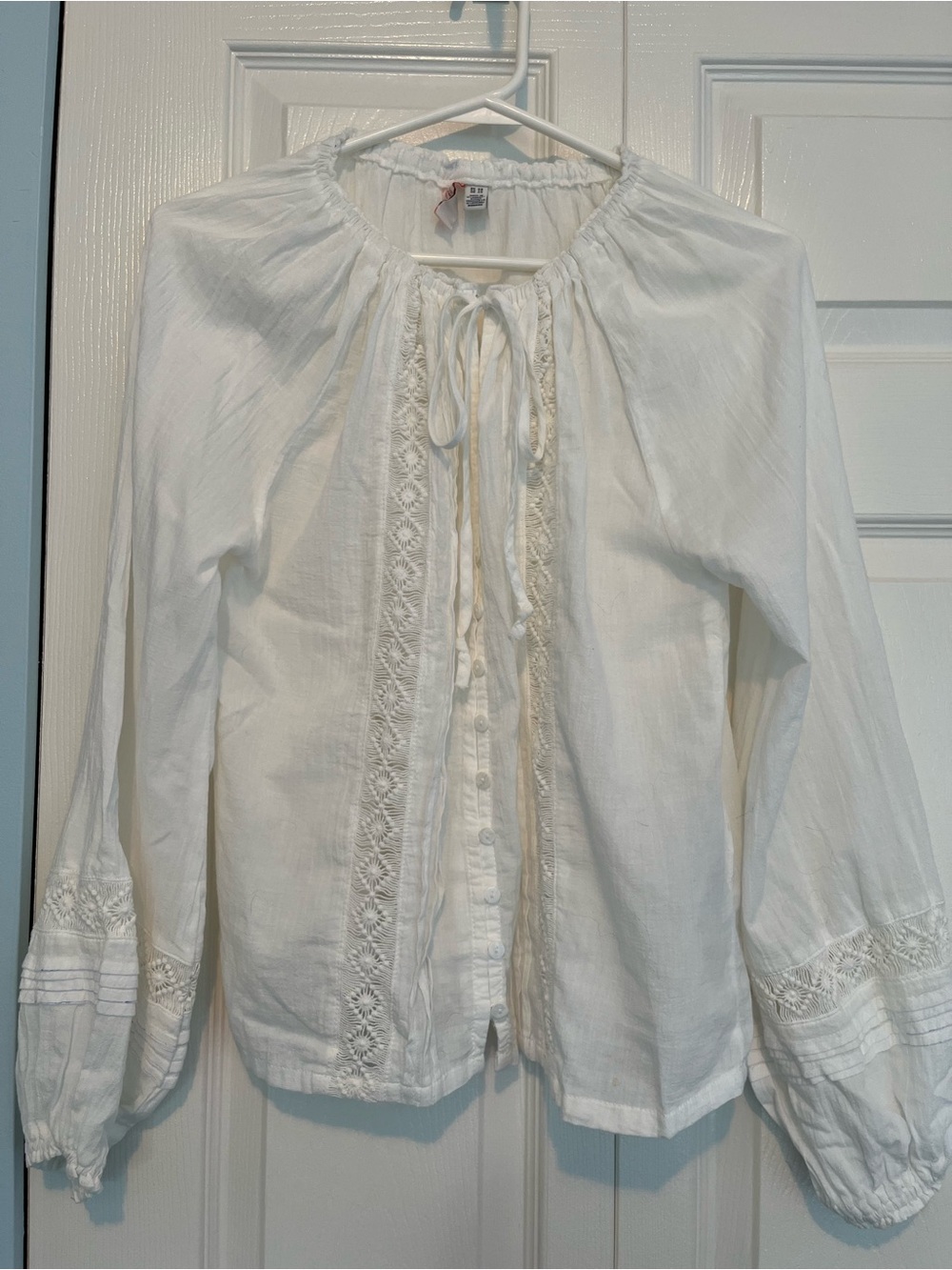 White Peasant Tie-Front Embroidered Blouse